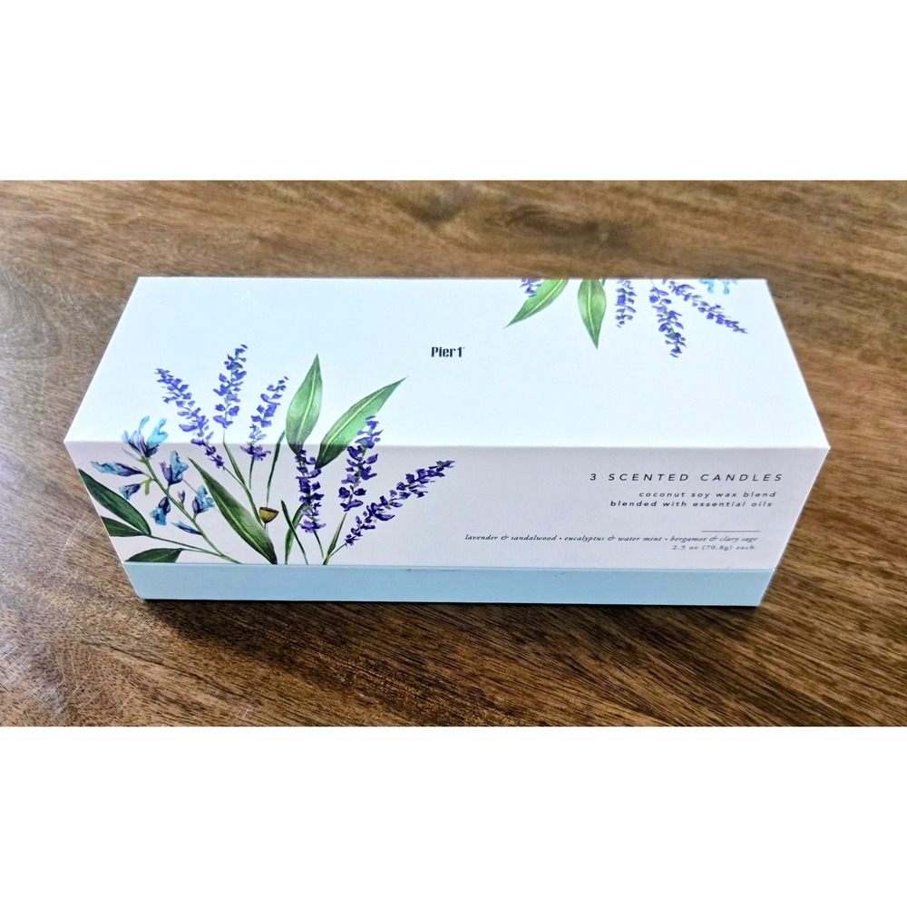 Pier 1 RARE Set Of 3 Scented Candles Box /Lavender, Eucalyptus and Bergamot